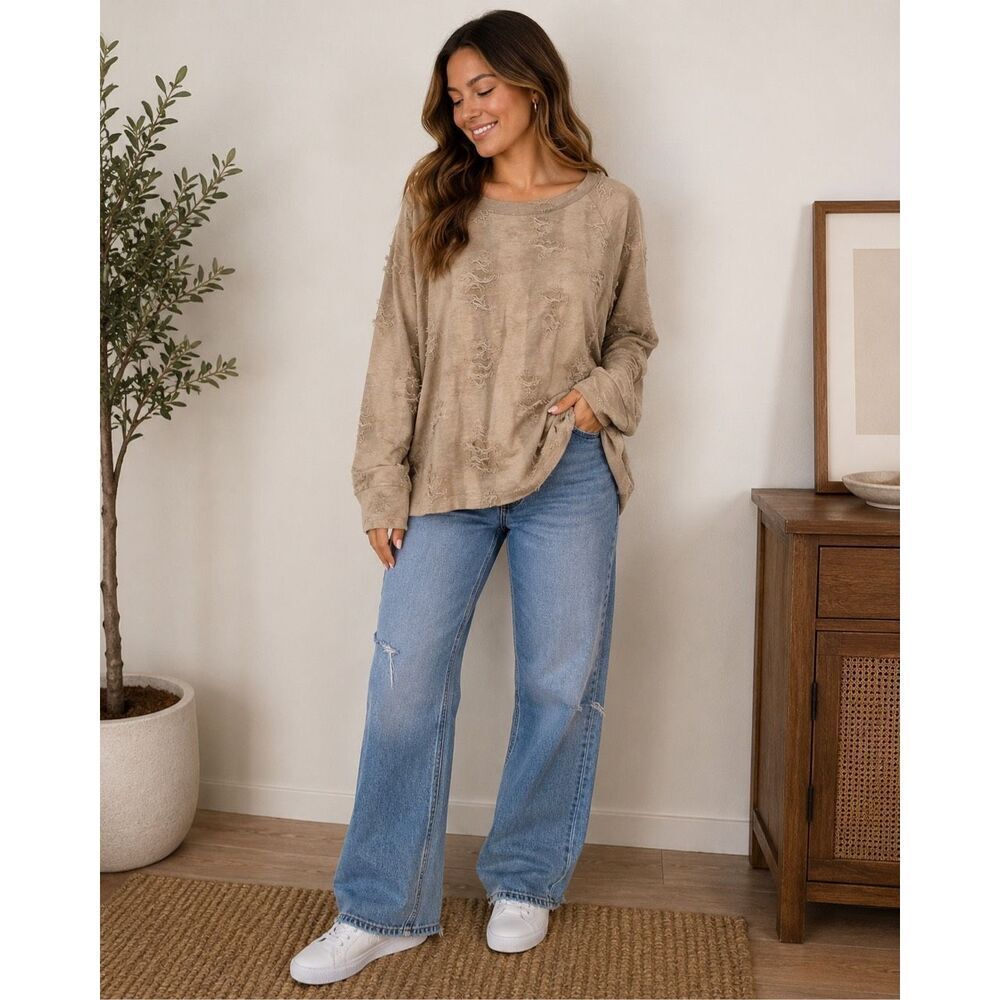 Easel Distressed Beige Oversized Top Tunic Boho Grunge Lounge